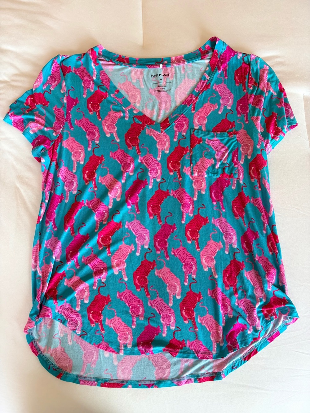 Posh Peanut Teal V-Neck Top with Pink Tiger Print